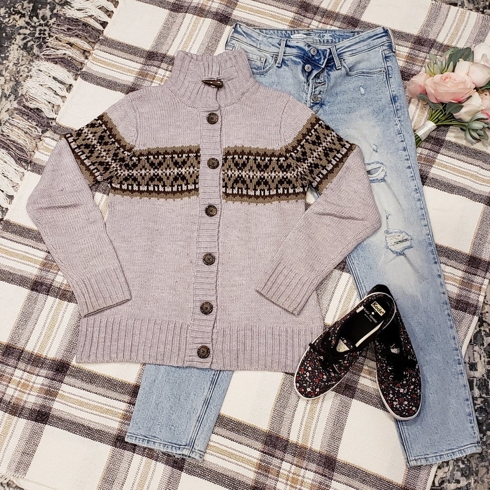 Classic Fair Isle Wool Blend Mock Neck Cardigan